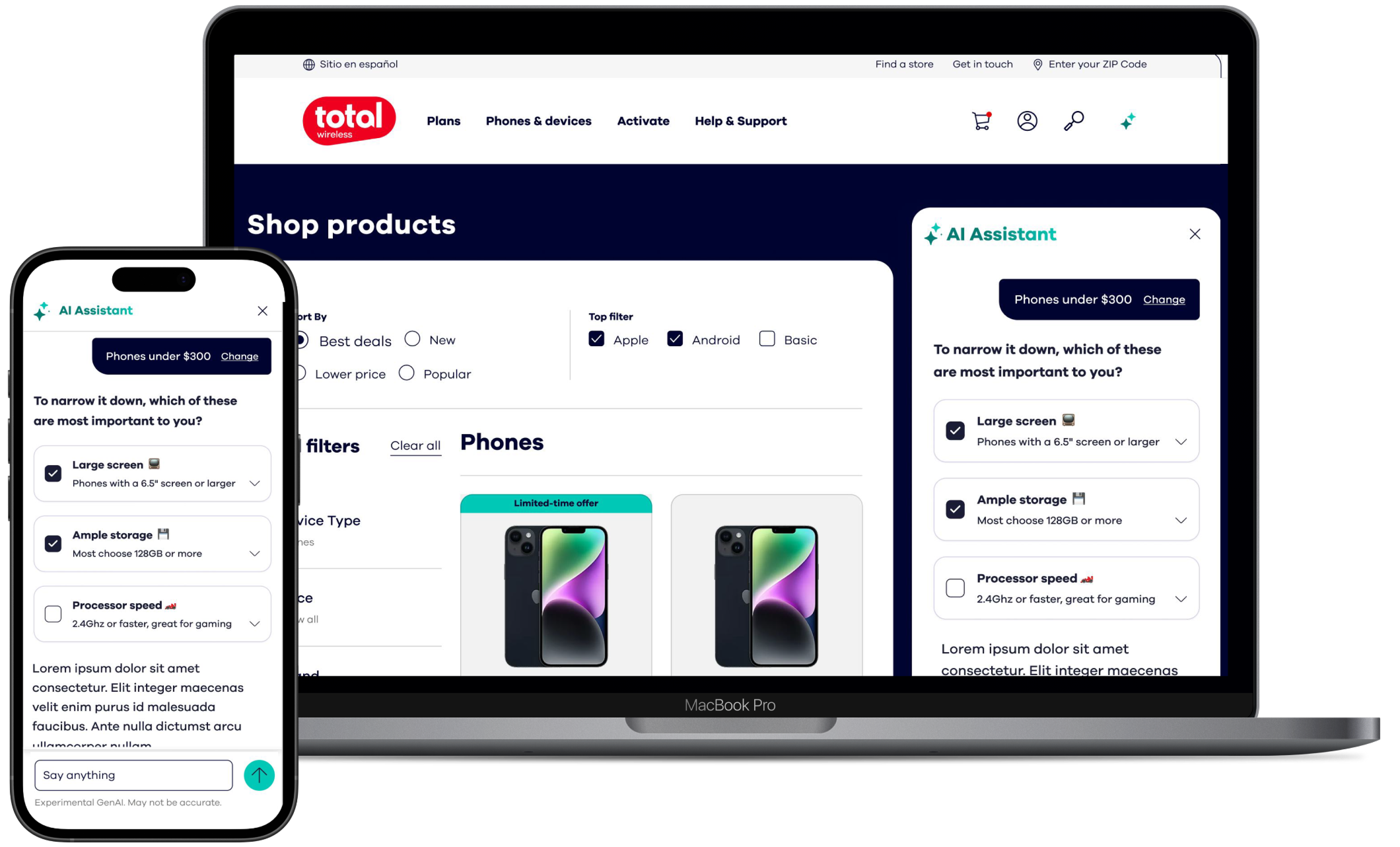 Total Wireless AI Assistant, desktop and mobile